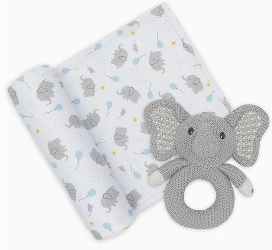 Jersey Swaddle & Rattle - Mason / Elephant