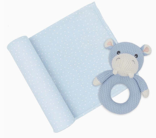 Jersey Swaddle & Rattle - Blue Dotes / Hippo